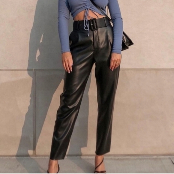 ZARA * FAUX LEATHER BELTED PANTS BLACK Size XS